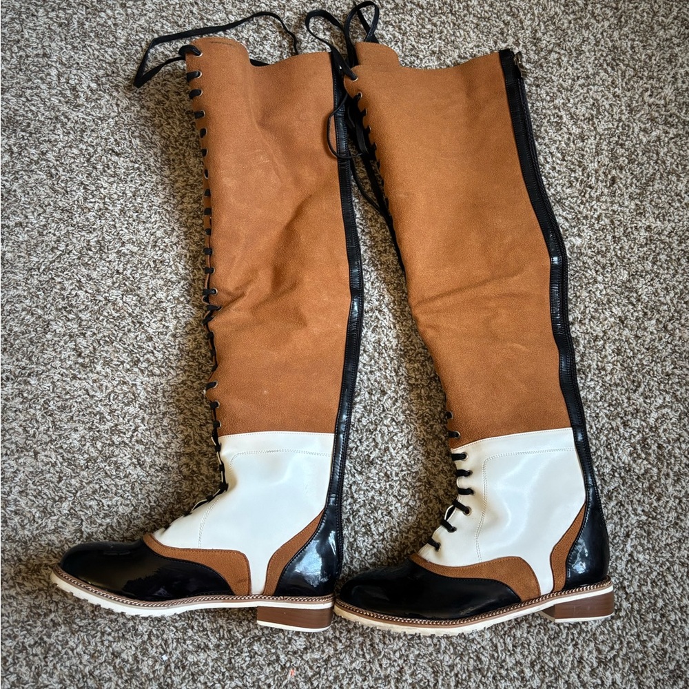 Elegant Tan and Black Over the Knee Boots